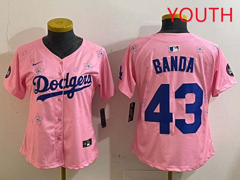 Youth Los Angeles Dodgers 43 Banda Pink White Blue Sakura Edition 2025 Nike MLB Jersey style 1